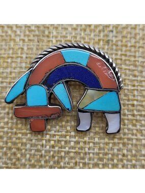VTG Sterling Silver Old Pawn Hopi Kachina Stone Inlay Brooch Pin Native American